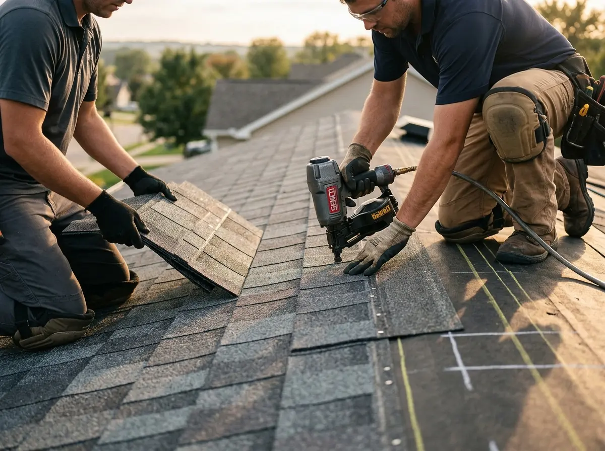 Professional roofer working on a residential roof in Meadville